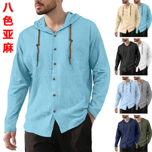 เสื้อเชิ้ตผ้าฝ้ายลินินผู้ชายฮาวายแขนยาวสีทึบระบายอากาศได้ดีลำลองทรงหลวมผ้าบางสำหรับสวมใส่พักผ่อน - Product Image 1