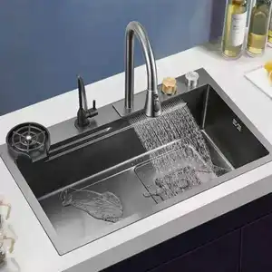 Deao Factory Wholesale Set Waterfall Kitchen Sink Stainless Steel Sinks Big Single Bowl with Dish Rack Under Mount Sinks
