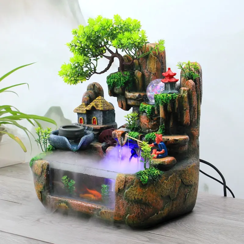 Creative circular fish tank rockery circulating water humidifier desktop simulation tree resin crafts indoor water decoration