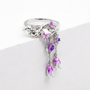 Bague de Mariage de Luxe pour Femme en Argent Sterling 925 Rhodié, Ornée d'Améthyste Violette et d'Émail, Motif Fleur, Serpent et Pompon, par un Créateur de Bijoux Raffinés - Product Image 1