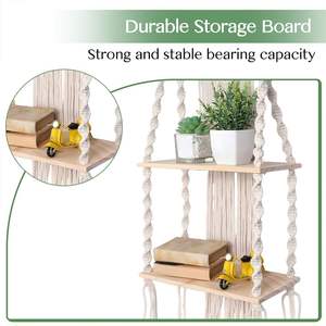 Lot de 2 étagères murales en macramé, style bohème à double couche, support flottant en bois pour plantes, décoration intérieure - Product Image 4