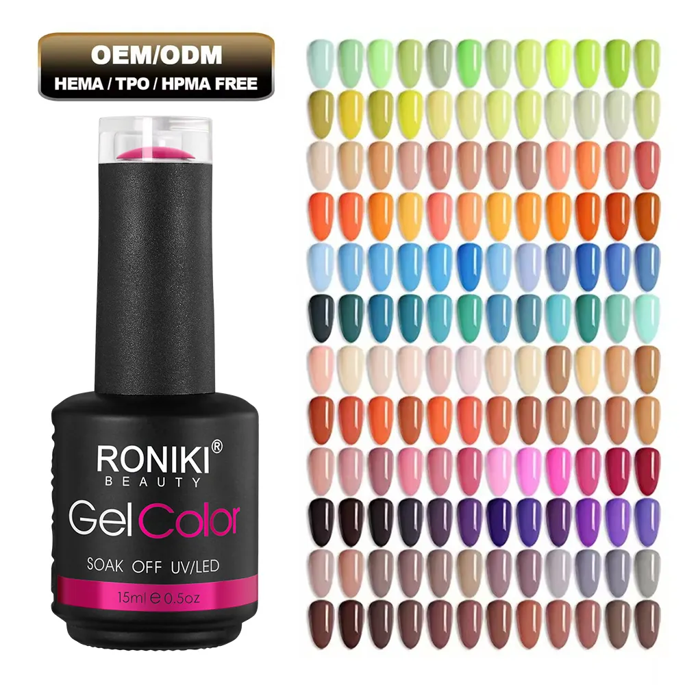 RONIKI custom private label prodotti per unghie all'ingrosso acrilico hema free uv gel smalto 15ml glitter ammollo gel smalto per unghie oem