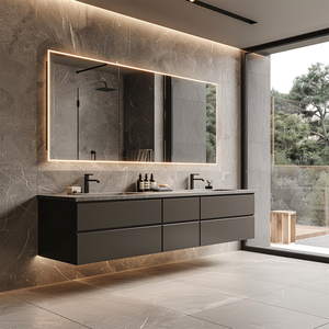 Mobile <span class=keywords><strong>Bagno</strong></span> Moderno di Lusso Grigio Sospeso con <span class=keywords><strong>Lavabo</strong></span> Doppio <span class=keywords><strong>in</strong></span> Ceramica e Top <span class=keywords><strong>in</strong></span> Finto Granito - Product Image 1