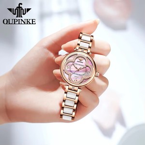 Montre femme OUPINKE 3272 élégante en or rose avec bracelet en céramique, double face, mouvement quartz japonais, montres de luxe pour femmes. - Product Image 5