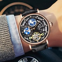 Montre mécanique pour homme KINYUED, mouvement automatique, phase de lune, bracelet en cuir, étanche 3ATM, plusieurs fuseaux horaires
