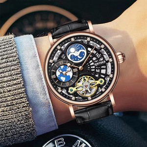 Montre mécanique pour homme KINYUED, mouvement automatique, phase de lune, bracelet en cuir, étanche 3ATM, plusieurs fuseaux horaires - Product Image 6