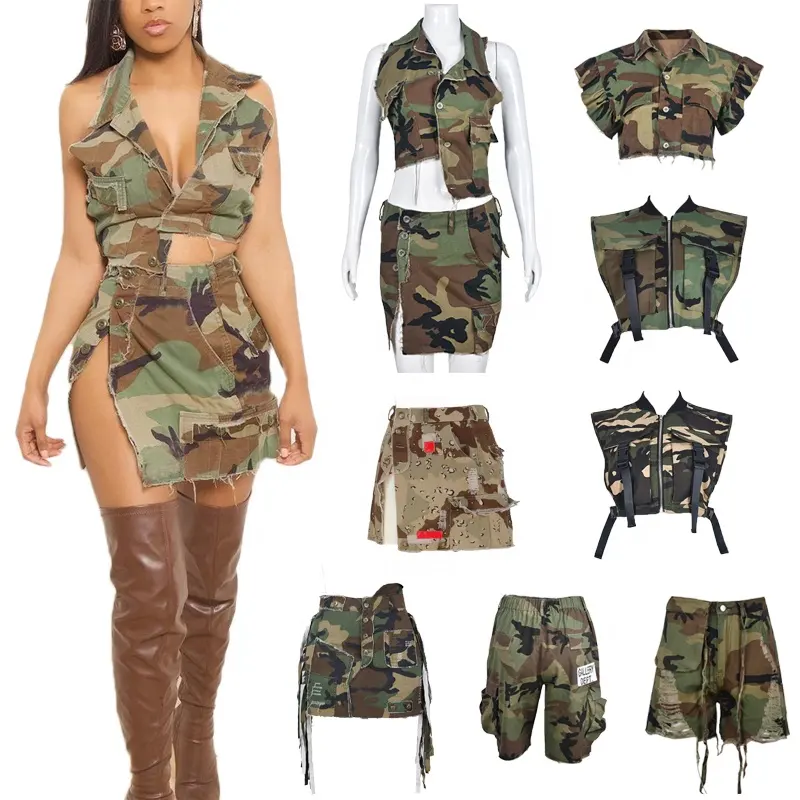 9190DD New arrivals 2023 summer clothes for women zipper cargo vest pockets crop top mini shorts sexy slit ripped camo skirts