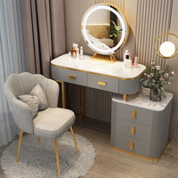 Ensemble de coiffeuse élégant blanc et or avec miroir LED, bureau de maquillage avec tiroirs de rangement et chaise pour chambre à coucher