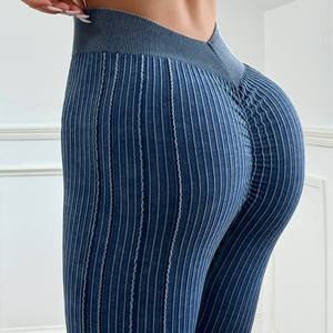 女式高腰健身房瑜伽裤v形桃红色臀部罗纹臀部推长紧实心图案新款健身设计 - Product Image 3