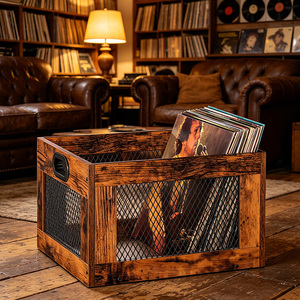 <span class=keywords><strong>Caisse</strong></span> à disques vinyles en bois style ferme avec côtés en maille pour collections de LP - Product Image 3