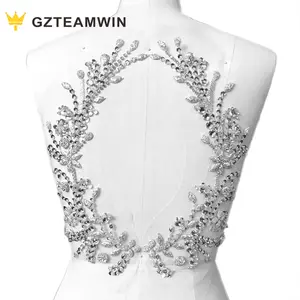 luxury Silver gold glass stone dress panel crystal embroidered flower bodice Rhinestone Accessories Applique