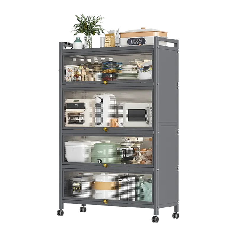 5 Tier Kitchen Storage Cabinet Kitchen Bakers Rack with Flip Door Microwave Stand with Lockable Casters and Foot Pads