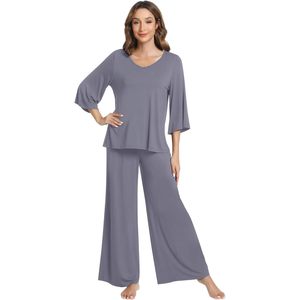 Ensemble de pyjamas pour femmes, manches 3/4, col en V, vêtements de nuit doux, pantalon large, viscose fabriquée à partir de bambou - Product Image 1