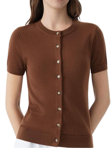 Cardigan en tricot décontracté 100 % coton pour femme, col rond, boutonné, manches courtes, coupe courte, style tee-shirt - Product Image 4