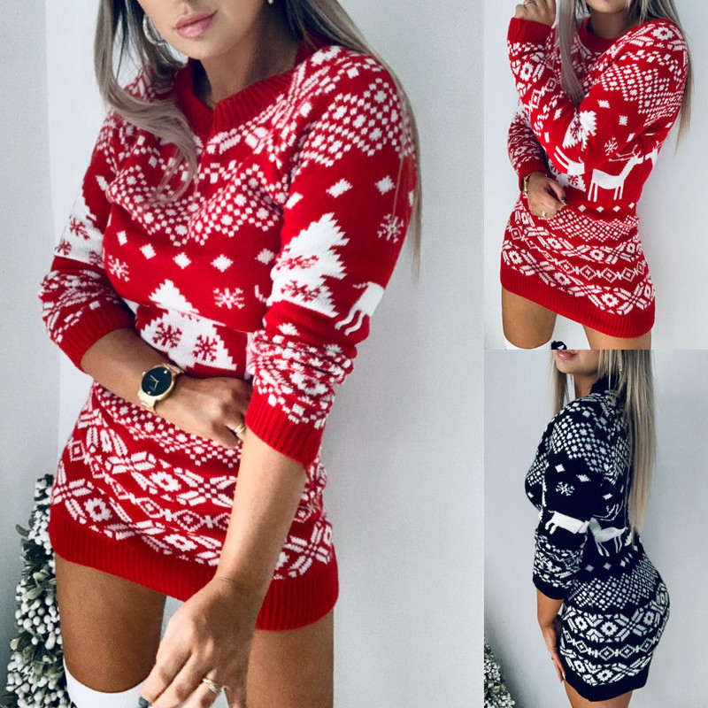 New Arrival Womens Christmas Knitted Long Sleeve Casual Dresses For Ladies Womens Clothing Winter Sweater Dress
