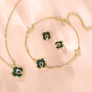Custom <span class=keywords><strong>Collier</strong></span> 925 nastro gioielli placcato <span class=keywords><strong>oro</strong></span> braccialetto Malachite portafortuna collana di trifoglio set di gioielli per le donne ragazze - Product Image 1