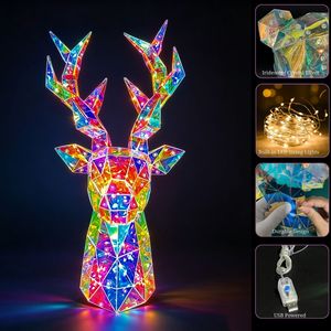 40cm LED <b>Light</b> up Deer Head Figurine <b>USB</b> Powered Prismatic Animal Sculpture Holographic <b>Night</b> <b>Light</b> for Christmas Party Decor - Product Image 5