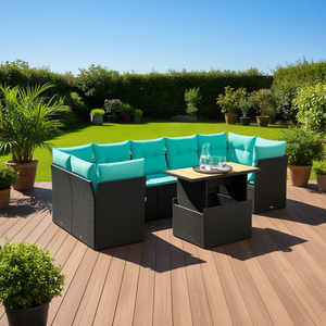 Ensemble de canapés de patio en polyrotin noir pour 8 personnes avec coussins, mobilier d'extérieur contemporain au design moderne - Product Image 2