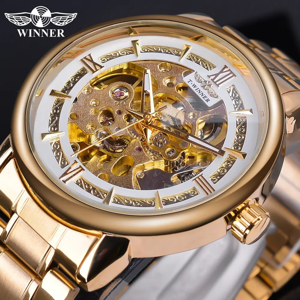 Часы наручные WINNER Мужские механические, брендовые роскошные золотые автоматические деловые с браслетом из нержавеющей стали