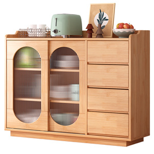 Nordic Solid Wood <b>Sideboard</b> Natural Color Living Room Multifunctional <b>Storage</b> Cabinet With Glass Doors And Drawers - Product Image 5