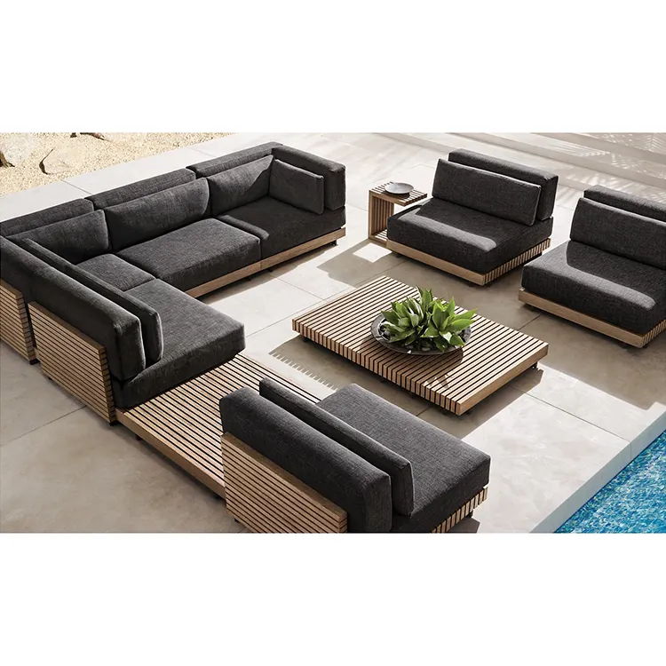 Luxury Modern Solid Wood Teak Furniture Patio Garden Set Outdoor Sectional U Shaped Sofa With Ottoman