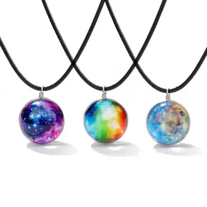 Dream Luminous Starry Sky Necklace Double-sided Glass Ball Pendant Universe The Galaxy Solar System Necklace