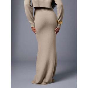 Falda Maxi Elegante de Mujer, Estilo Trompeta/Sirena, Tejido de Punto Acanalado Color Camel Melange, 100% Algodón, para Otoño - Product Image 6