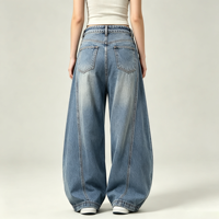Jean ample rétro bleu uni léger pour femme, coupe large, plissé devant, fermeture éclair, longueur standard