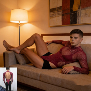 Hotnight Men's <b>Fishnet</b> <b>Long</b> <b>Sleeve</b> Bodycon Bodysuit See Through Hollow Knit Stretch <b>Top</b> Sexy Underwear Summer 2025 - Product Image 2