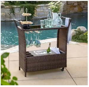 Chariot de bar portable en osier d'extérieur, chariot roulant en rotin pour patio et jardin avec seau à glace et porte-bouteilles - Product Image 5