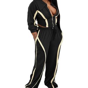 Atasan Kerah Ritsleting Warna Kontras Motif Garis dan Celana Kaki Lebar Set 2 Potong Wanita - Product Image 3