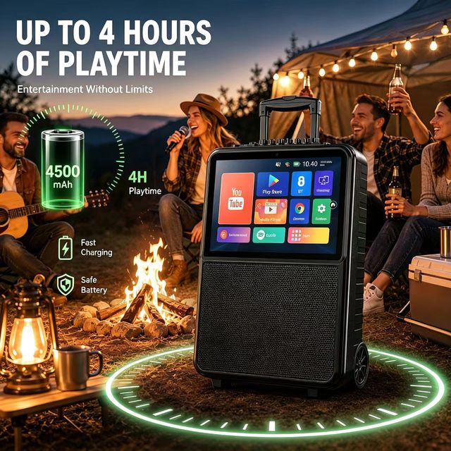 15.1" Touch Screen All-in-One Karaoke Machine Android 14 WiFi for Speaker 30W 2 Wireless Microphones Kids Adults Home