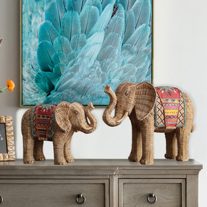 Woven <b>Elephant</b> Figurine Set 2Pcs Bohemian Style <b>Decor</b> For Living Room Resin Craft - Product Image 2