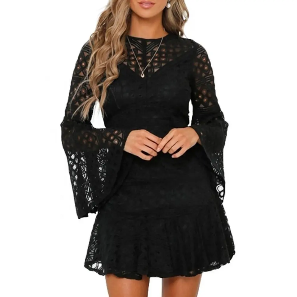 Sexy abiti da festa in pizzo scavato nero donna Backless Flare Sleeve Mini abito donna elegante abbigliamento primaverile 2020