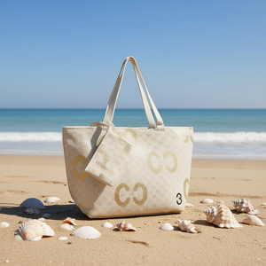 Sac de plage en lin avec lettre C estampillée or et petite pochette 57x37x17cm - Product Image 3