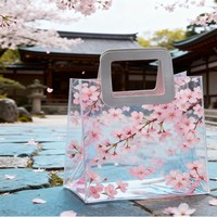 Sac fourre-tout transparent personnalisé motif fleur de cerisier Sakura, découpe carrée, poignée rigide, sac à main transparent pour cosmétiques, cadeau de mariage
