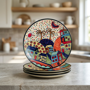 Plato Redondo de Cerámica Hecho a Mano con Diseño de Pueblo de Dibujos Animados, 300 mm de Diámetro, Manteles Individuales y Bases para Decoración de Mesa - Product Image 3