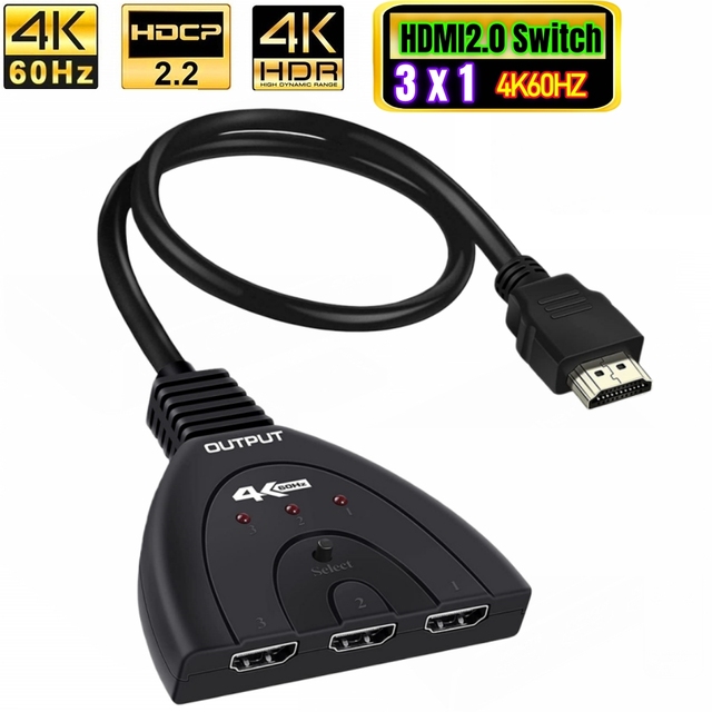 4K60hz HDMI Switch 3 in 1 Out 4K 60HZ 3x1 HDMI 2.0 Switcher HDCP2.2 HDR Pigtail HDMI2.0 Converter Cable for PS4 PS5 Xbox TV PC