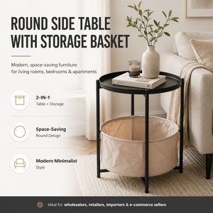 Wholesale Round Side <strong>Table</strong> with Fabric <strong>Storage</strong> Basket Metal Frame Removable Tray <strong>End</strong> <strong>Table</strong> for Living Room - Product Image 4