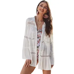 Women Casual Blouses Long Sleeve Swim Chicsea Circle Lace Insert Bell Sleeve Layered Cover Up Holiday Clothes