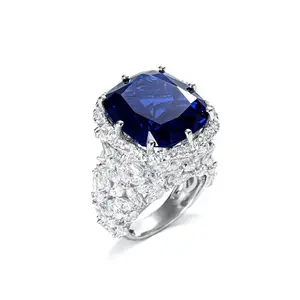 Cincin berlian karbon tinggi berlapis emas & perak 925 Set safir biru Royal dalam industri berat untuk pesta & pertunangan gaya DIY