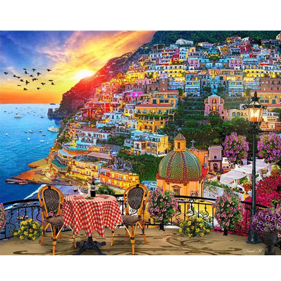 Painting By Numbers Kits Seaside Town Picture Wall Art Acrylic Paint On Canvas Landscape Marker By Numbers For Home Decors