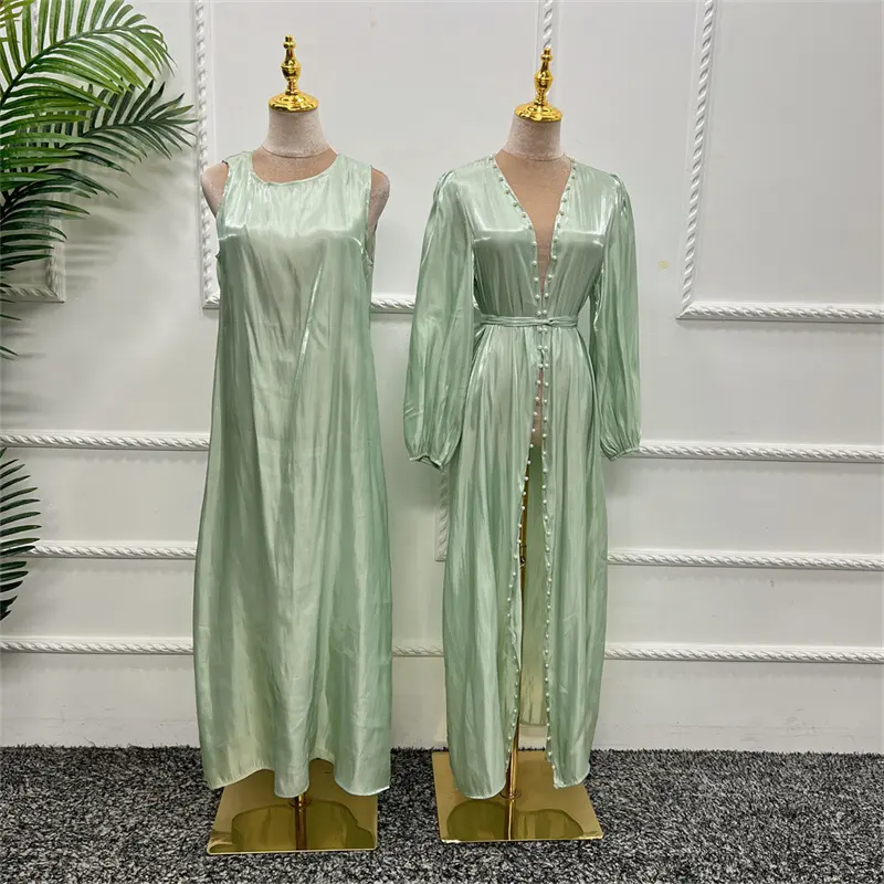 Groothandelsprijs Zomer Islamitische Moslim Dreees Qatar Glanzende Parel Met Gewaad Femme Kaftan Ontwerpen Dubai 2 Delige Sets Open Abaya