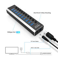 RSHTECH 10 ports alimenté USB 3.1Hub Gen 2 Hub 10Gbps Super vitesse USB Hub Splitter 12V/3A Adaptateur secteur USB C Hub pour PC portable