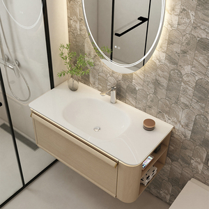 Meuble de salle de bain moderne étanche en bois massif et contreplaqué, vasques flottantes avec éclairage à détecteur de mouvement - Product Image 1
