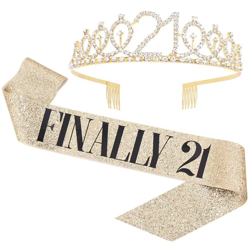 21歳の誕生日の装飾ゴールドついに21歳の誕生日のサッシとティアラの王冠が21歳の誕生日の女の子のパーティー用品にセットされました