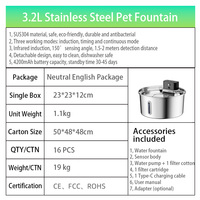 Fontaine à eau sans fil pour animaux de compagnie en acier inoxydable de 3,2 L, fonctionnant sur batterie rechargeable, fontaine à boire pour chats, fournisseur en gros
