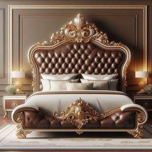 Lit capitonné à boutons au design unique avec cadre en bois gravé classique, meubles de chambre à coucher de style antique - Product Image 1