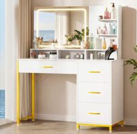 Coiffeuse moderne avec miroir éclairé, lumières LED 3 couleurs, prise de courant, 5 tiroirs, bois massif, pieds en métal robustes, chambre/salon