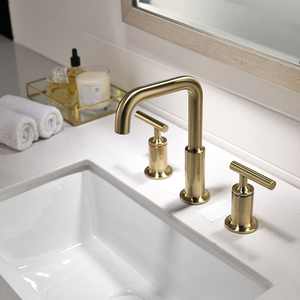 Aquacubic CUPC Brushed Gold 8 Inch Brass Sink Faucet 3 Hole Widespread Bathroom Faucet With Water Supply Lines